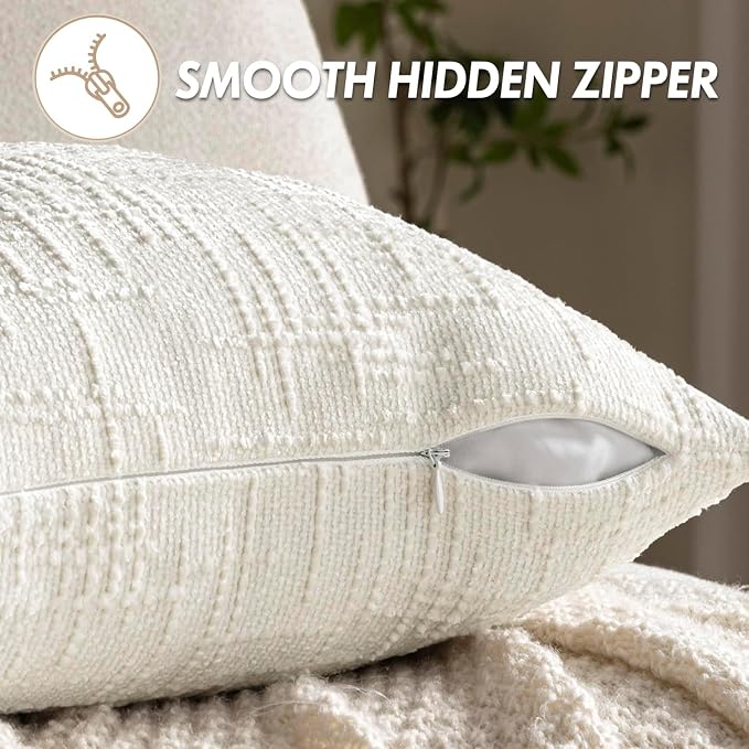 MIULEE Chenille Textured Lumbar Throw Pillow Covers Cream White 12x20 | Set of 2, Slubby Decorative Pillows, Boho Farmhouse Home Decor, Modern Neutral Cushion Covers for Couch Sofa Bed Living Room