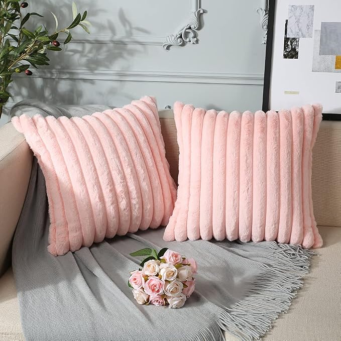 Soleebee Set of 2 Throw Pillow Covers Soft Cozy Velvet Pillowcase Faux Rabbit Fur Cover for Couch Sofa Bed Chair Home Decorative Pillows Cover (18x18 Inch, Pink)