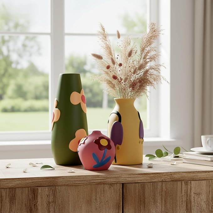 Vintage Ceramic Vase, Minimalist Texture Stone Patterned White Flower Vase, Decorative Vase for Living Room Shelf Farmhouse Dining Table Centerpiece Decor (Colorful Rustic-3 Pack) (Rustic-3 Pack)