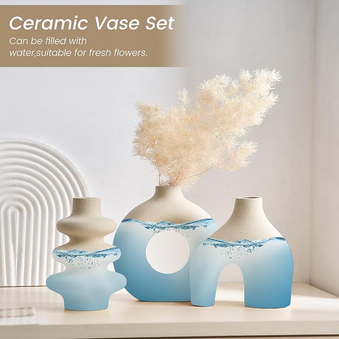 White Ceramic Vase Set of 3, Small Flower Vases for Pampas Grass | Modern Boho Vase for Decor, Round White Vases Centerpieces for Wedding Living Room Bedroom Coffee Table Dinner Table