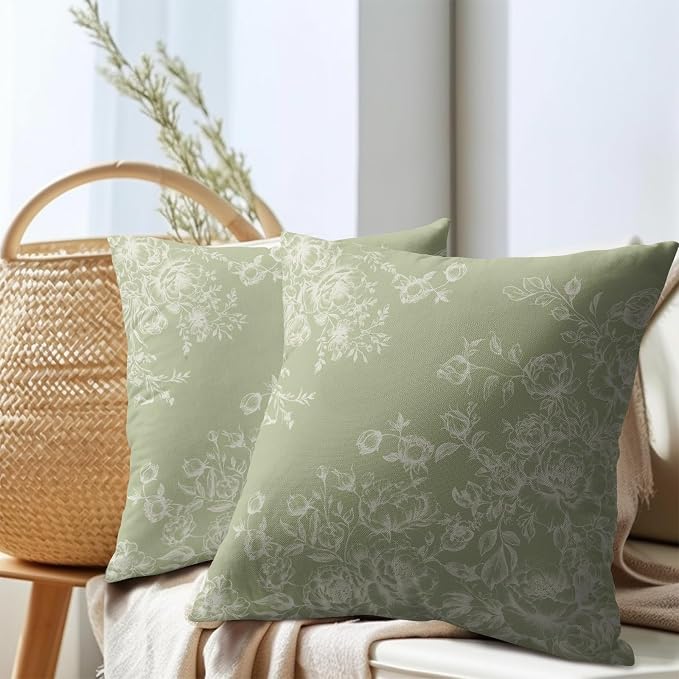 Kawani French Country Throw Pillow Covers 22x22 Inch Pack of 2, Vintage White Floral Green Pillowcase Square Cotton Linen Cushion Case for Couch Sofa Bed Office Car Home Outdoor Decor