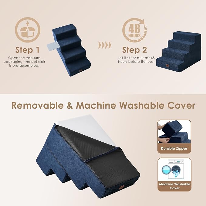 EHEYCIGA Dog Stairs for Bed 20" H, 4-Step Extra Wide Dog Steps, Navy | Pet Steps for Small Dogs and Cats for High Bed, Non-Slip Balanced Pet Ramp Indoor