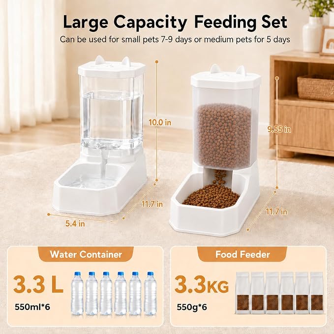 2 in 1 Gravity Pet Food Feeder and Water Dispenser for Cats & Small Dogs | 3.3L Large Capacity, BPA Free Material, Detachable & Dishwasher Safe, No Electrical Power Required