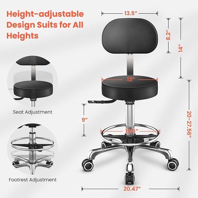 TASALON Professional Salon Rolling Stool Chair,Salon Equipment PU Leather Seat with Backrest,Height Adjustable, Swivel Metal Feet,Spa Tattoo Massage Home Office Swivel Stool Chair Black