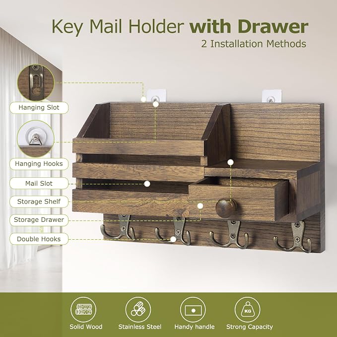 Key Holder Wall Mount, Wooden Key and Mail Organizer, Brown | 2 Mount Options, Includes 8 Hooks, Fence Mail Slot, Small Drawer and Shelf, for Entryway, Hallway, Doorway, Living Room, RV