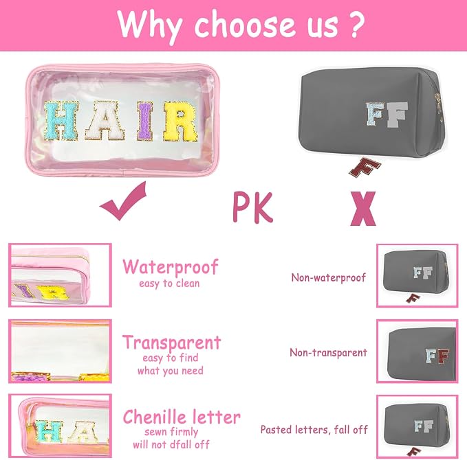 Bunliuys Chenille Letter Clear Makeup Bag Stuff Patch, Travel Toiletry Makeup Bag with Handle, Nylon Waterproof Makeup Bags clear cosmetic bag, preppy patch makeup bag for Women (STUFF-Hot Pink)