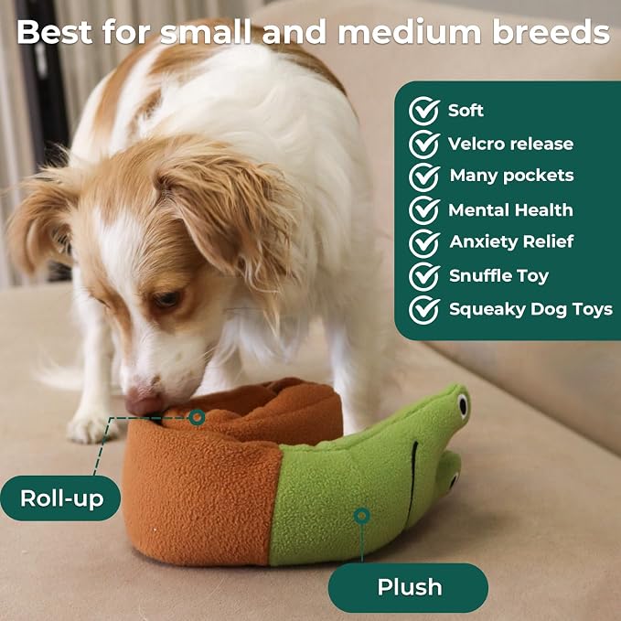 Snail Plush Dog Snuffle Toy, Squeaky Treat Dispensing Puzzle Toy for Small and Medium Breeds, Mental Enrichment