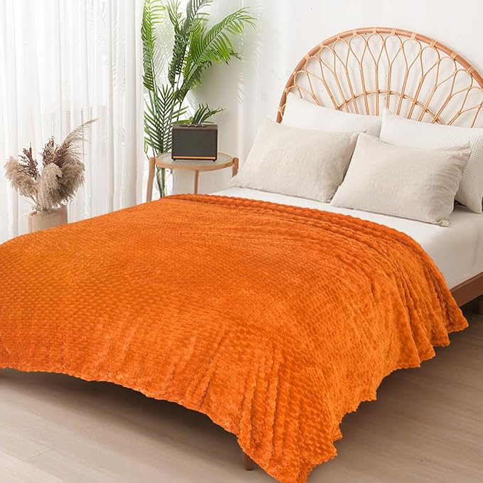 Vessia Flannel Fleece Twin Size Blanket(60x80 inch), 3D Jacquard Burnt Orange Fuzzy and Warm Blanket for Couch,Sofa, 300GSM Super Soft Touch Cozy Lightweight Bed Decor for All-Season Home Decor