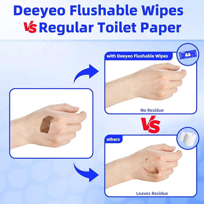 Deeyeo On-the-Go Flushable Butt Wipes, 56 Count (8 Packs of 7) | 99% EDI Purified Water Wipes for Sensitive Skin, Septic and Sewer Safe,Travel Essentials for Adults & Kids