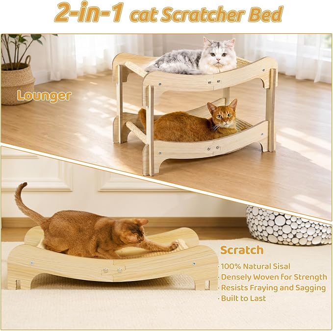 Sisal Cat Scratcher Bed for Indoor Cats, Wooden Cat Furniture | Cat Bunk Bed Natural Sisal Scratch Post for Cats Lounge,Horizontal Cat Scratcher Board to Protect Furniture(Two-Tier)