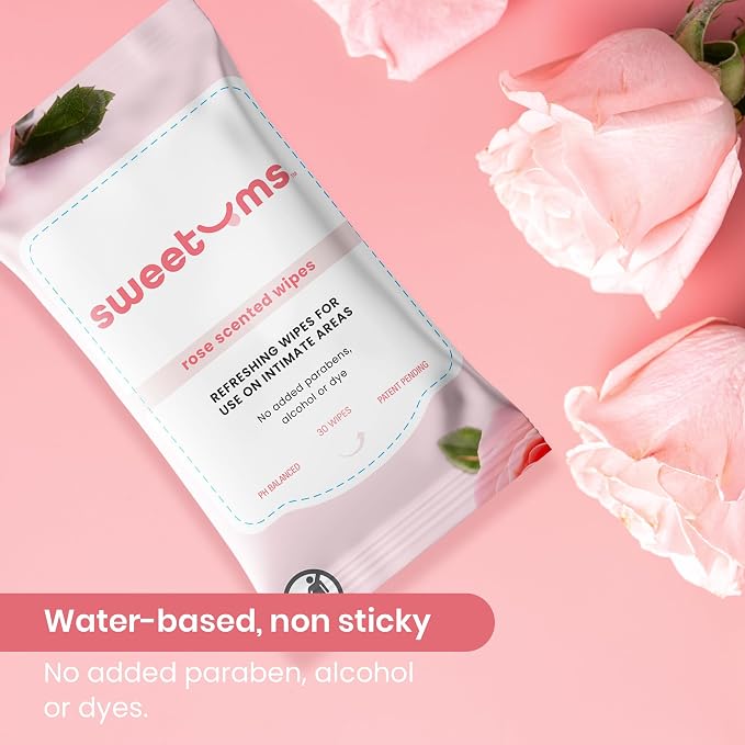 Sweetums Rose Scented Daily Feminine Wipes for Women – pH Balanced Unflavored Intimate Wipes – Water-Based, Aloe-Infused, Gentle on Sensitive Skin – Vegan, No Alcohol or Dyes, Travel-Friendly - 30ct