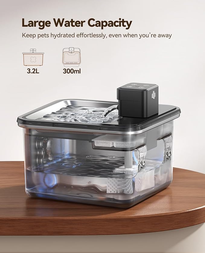 Cat Water Fountain Wireless + 6 Filters: [Visual Filter] & [Heavy-Duty Stainless Steel] FEELNEEDY- Premium, 3.2L/108oz, 4000mAh Battery Operated Pet Fountain with Sensor, for Cats and Dogs