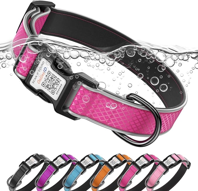 Reflective Dog Collar for Large Dogs,Personalized Dog Collar with Online Profile, Soft Neoprene Padded,Anti-Lose Function with QR Code Tag System,Rose Red L