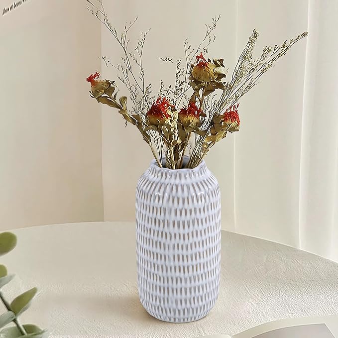 Ceramic Vase for Flowers – Modern Small Ribbed Textured Flower Vase for Home Decor, Pampas Grass, Decorative, Farmhouse, Coffee Table, Kitchen Centerpieces, Bookshelf and Home Living (Glaze White)