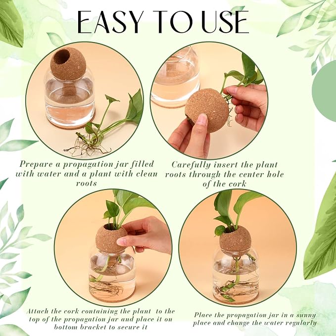 3 Pcs Glass Plant Propagation Stations for Plants with Spherical Lids and Cork Coasters Hydroponic Spherical Cork Planter Desktop Vases for Plants Cuttings Home Office Tabletop Decor