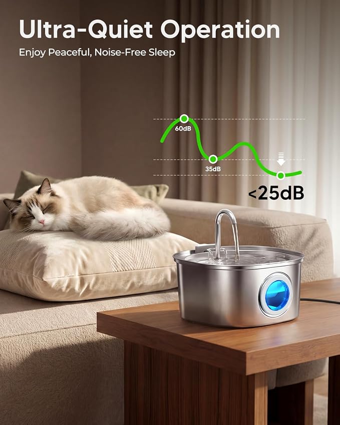 PEKTACO Stainless Steel Cat Water Fountain, 3.2L/108oz with 3 Filters | Cat water dispenser, dishwasher safe, with triple filtration, quiet pump, and visible water window for cats and small pets