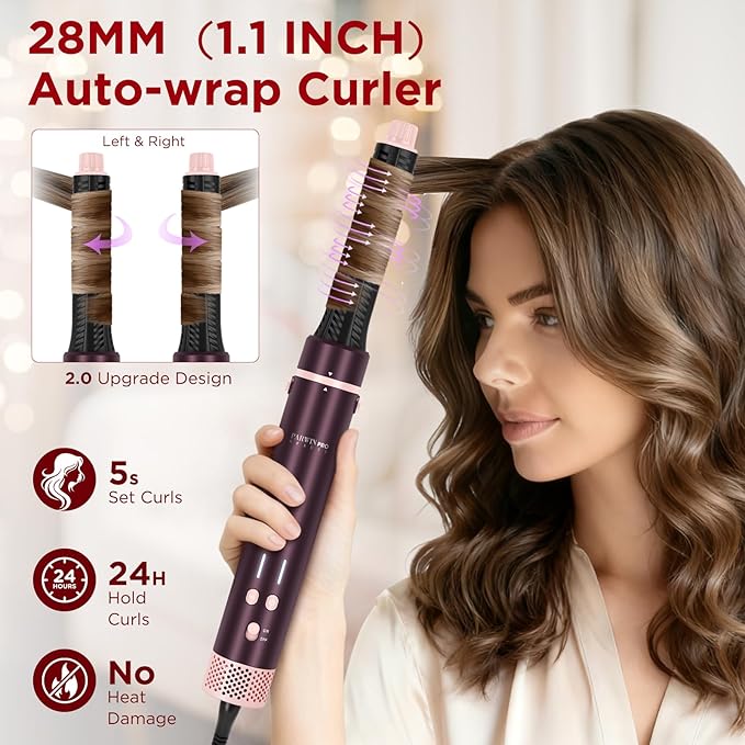 MaxAIR 2.0 7-in-1 Hot Air Styler, Dual Voltage Multi-Styler Set, High Speed Hair Dryer Brush with Air Hair Straightener, 1.1 Inch Auto-Wrap Curlers, 110,000RPM, Shiny Hair, Jasper Plum