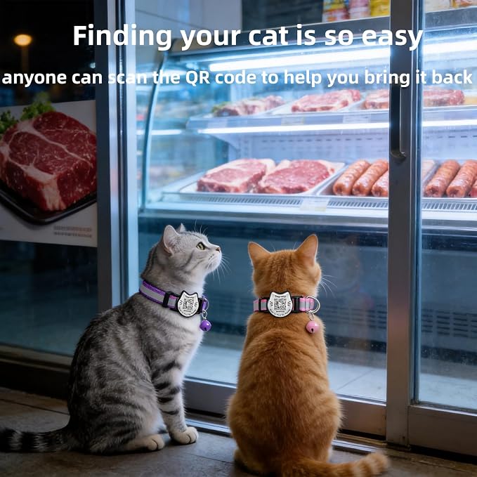 Breakaway Cat Collar with QR Code Tag and Bell (Pink & Purple) | Reflective Nylon, Quick-Release Buckle