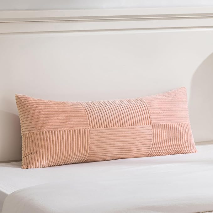 Fancy Homi Set of 1 Peach Boho Long Lumbar Body Decorative Throw Pillow Cover 14x36 Inch for Bed Couch Bedroom Bench, Soft Patchwork Corduroy Textured Pillow Case, Rustic Farmhouse Room Decor
