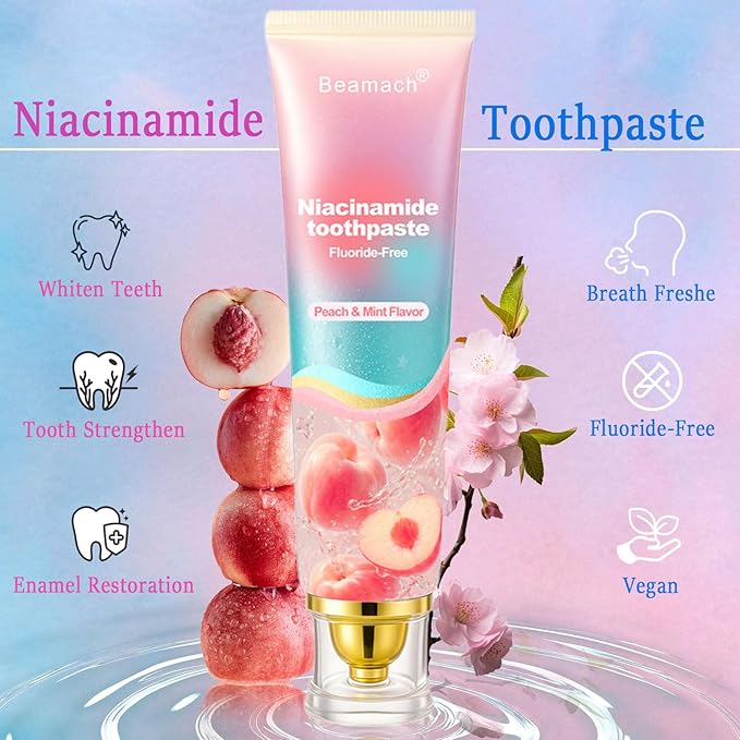 Niacinamide Whitening Toothpaste, Triple White Probiotic Whitening Toothpaste, Fluoride-Free| Sensitivity Relief | Fresh Breath & Stain Removal Formula | Sakura Peach Fragrance (1)