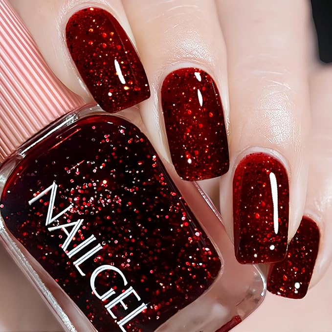 Red Glitter Nail Polish, 12ML Sparkly Burgundy Wine Red with Fine Glitter, Quick Dry Air Dry, Shiny Finish for Women Girls, No UV Needed