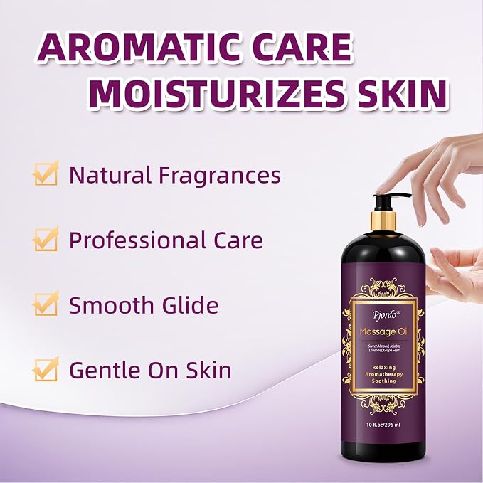 Pjordo Aromatherapy Lavender Massage Oil, Massage Oil for Massage Therapy, Calming, Soothing, Relaxing, Spa Gifts for Him Her, 10 Fl Oz