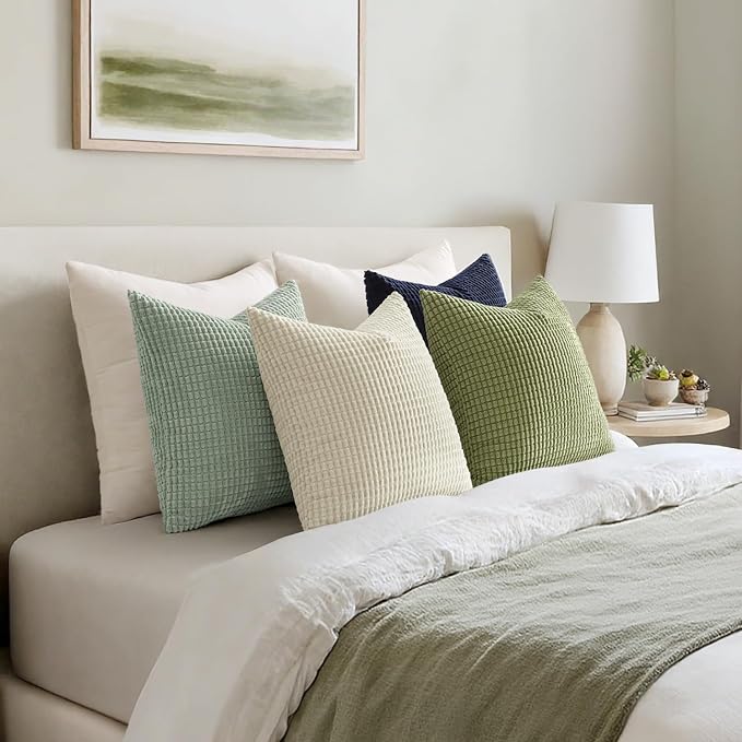 MIULEE Farmhouse Decorative Pillow Covers 18x18 Inch Set of 4 Muted Teal | Modern Natural Rustic Throw Pillows, Neutral Warm Soft Corduroy Couch Pillowcases, Home Decor for Sofa Living Room Bed