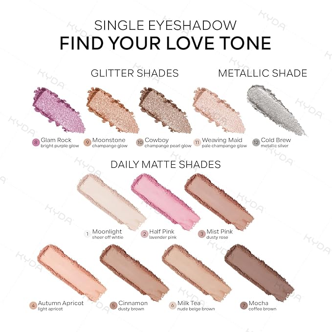 KYDA Champagne Glitter Single Eyeshadow, Champagne Shimmer Glow Eyeshadow, Ultra-fine Lightweight, Crease-proof High Pigmented Formula, Mini Glitter Eyes Makeup, Moonstone