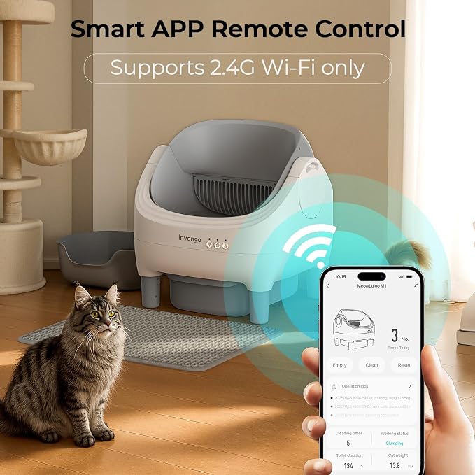 Invengo Automatic Cat Litter Box Self Cleaning, App Control, Open-Top Automatic Litter Box with Safety Sensors, Ultra-Quiet, 10.5L Waste Bin with Odor Control, 2 Rolls of Garbage Bags, LightGrey