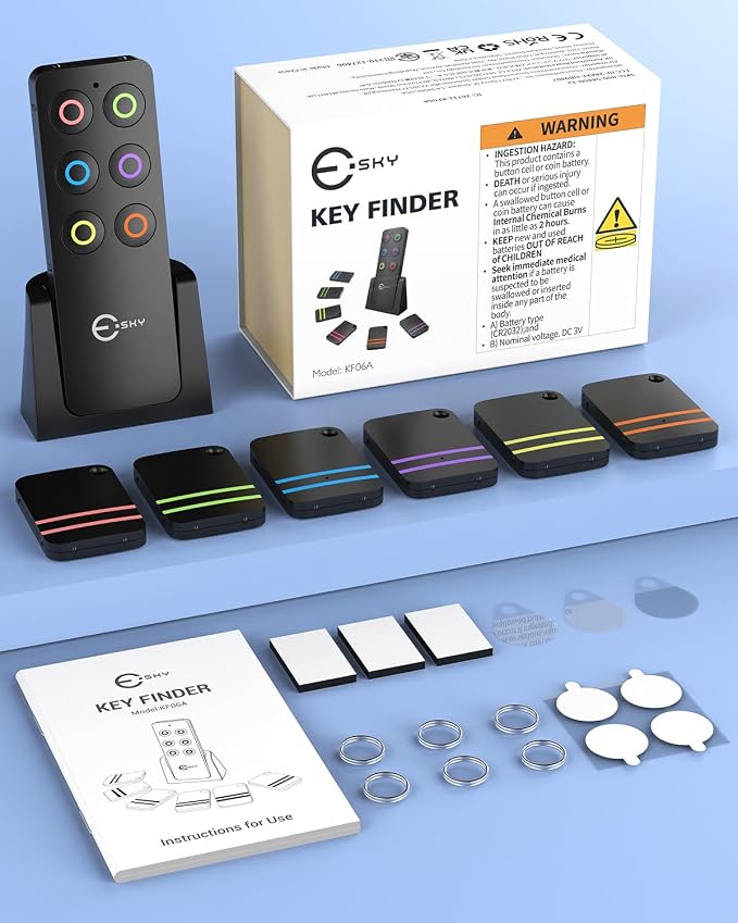 Esky Key Finder Locator with 85dB Noise Sound 6 Receivers Item Finder | Stick-on TV Remote Control Finder, Wallet Tracker Key Finders for Finding Keys,Phone, Glasses, Pet Remote Gift Idea