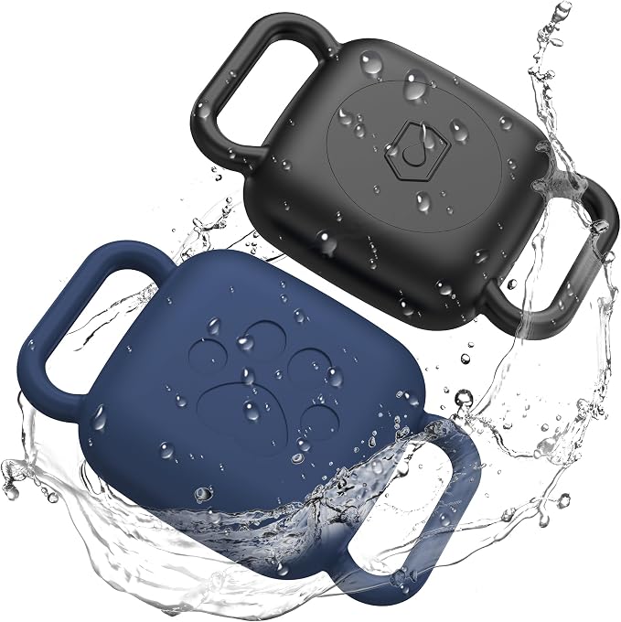 Dog Collar Holder for Tile Mate 2024 and UGREEN Tracker, 2 Pack Waterproof Silicone Case for cat pet Necklace Dropper, Scratch Resistant Dustproof Cover for Tile Tracker,Black/Blue