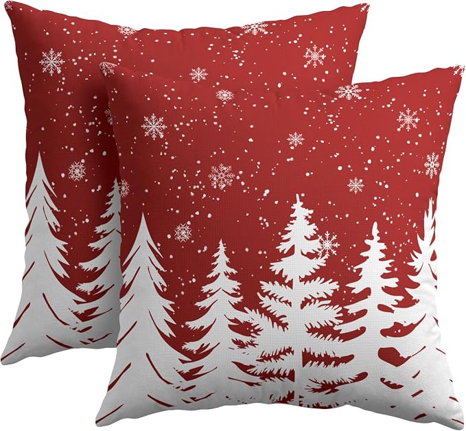 Kawani Christmas Throw Pillow Covers 20x20 Inches, Set of 2 Red White Xmas Tree Snowflakes Cotton Linen Pillowcase Soft Farmhouse Cushion Case for Couch Sofa Bed Living Room Decor