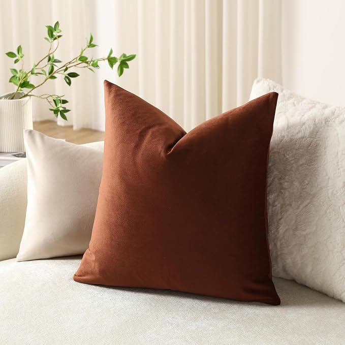 Throw Pillow Covers 18x18 Reddish Brown: Pack of 2 Cozy Soft Velvet Square Modern Luxury Decorative Throw Pillow Cases for Sofa Couch Living Room Bed Home Decor
