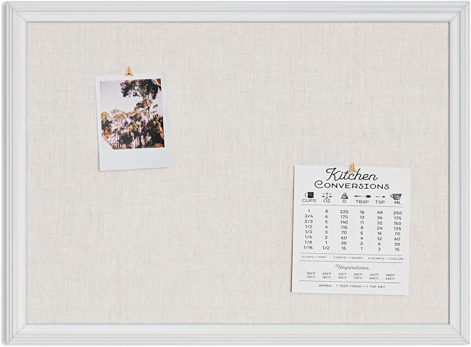 U Brands Bulletin Board, 18 x 24 Inch Linen Fabric Pin Board, Farmhouse White Wood Style Frame, Wall Message Center & Vision Board for Farmhouse Decor, Home Office, Classroom, Includes Push Pins