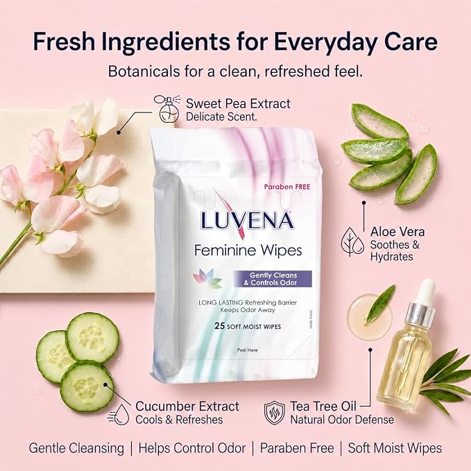 Luvena Feminine Wipes for Women - pH Balanced Feminine Care Wipes - Dermatologist Tested - Hypoallergenic, Paraben Free - Odor Control - Soft Cleansing Cloths - Cucumber Scented (25 Count, 3 Pack)