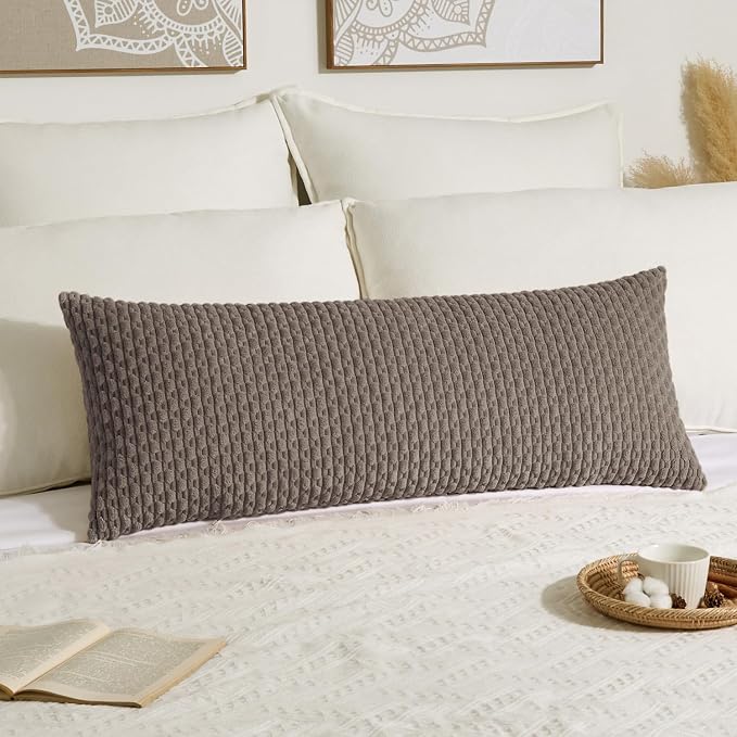 Kevin Textile Soft Corduroy 20"x54" Body Pillow Cover 1 Pack, Light Brown | Boho Stripe Plush Corduroy Decorative Oblong Cushion Cover Modern Farmhouse Home Decor for Sofa Couch Bed Chair