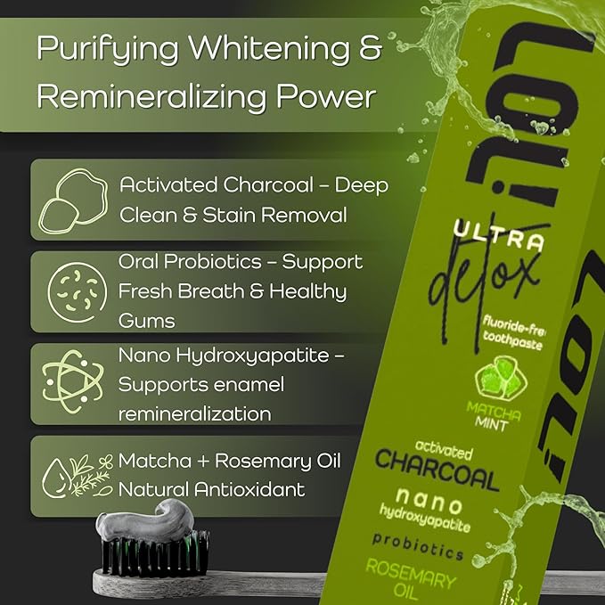 LOL Detox Activated Charcoal Toothpaste Whitening - Nano Hydroxyapatite, Probiotics, Matcha, Rosemary Oil, Xylitol, Fluoride Free - Gum Detoxify Toothpaste (4.3oz, Ultra Detox Matcha Mint)