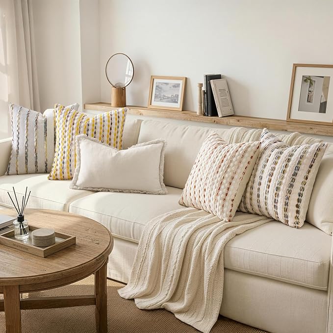 ANRODUO Boho Decorative Throw Pillow Covers Cream Rust 18x18 Inch Set of 2 | Chenille Tufted Pillow Covers, Woven Throw Pillow Covers with Raised Stripes, Neutral Pillowcase for Couch Sofa Living Room