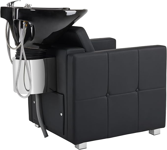 BarberPub Backwash Shampoo Station Chair, Adjustable Porcelain Ceramic Hair Wash Bowl, Vacuum Breaker, Professional Shampoo Chair and Bowl Unit for Salon and Spa 9309 (Black)