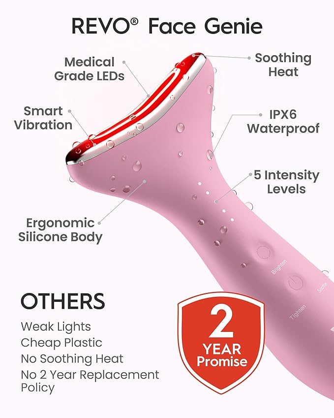 REVO Genie | 3-in-1 Face & Neck Beauty Massager with Heat, 3 Light Therapies, Smart Vibration | Red Light, Blue Light, Green Light Therapy for Smooth Glowing Skin - Pink Pearl
