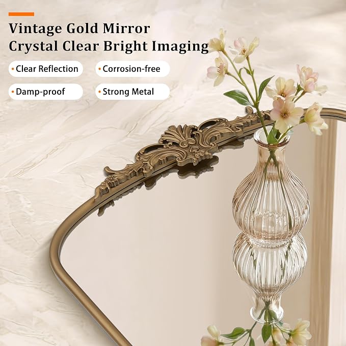 Besdomus Vintage Arched Gold Mirror: 40"x29" Large Brass Antique Decorative | French Baroque Metal Framed Mirrors - Traditional Ornate for Entryway/Bedroom/Fireplace/Bathroom - Ideal for Home Renovations