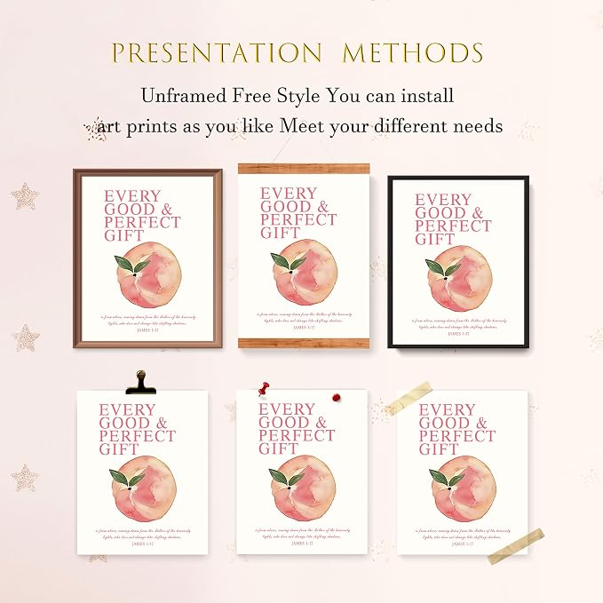 LARTSFRO Coquette Pink Peach Fruits Wall Art Decor Posters, Cute Pink Peach Christian Room Bathroom Bedroom Dorm Wall Art Decor Aesthetic for College Teen Girls Gifts, Inspirational Bible Verses Wall Decor, 10x8 Inch Set of 4 Pcs Fruits Pictures (UNFRA...