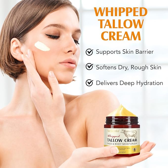 Beef Tallow for Skin, Natural Tallow and Honey Balm, Organic Grass Fed Whipped Beef Tallow for Face Moisturizer, Deeply Moisturizing Body Butter for Dry & Sensitive Skin, All Skin Types 4.2 Oz