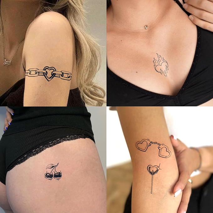 2 Sheets Long Lasting Love Chain Temporary Fake Tattoos For Women Arm Hand Neck Waist,Bow Cherry Rabbit Semi Permanent Tattoo For Adults Girl,Realistic, Waterproof and Non-Reflective