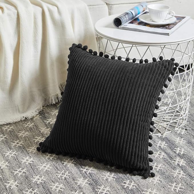 Fancy Homi Pack of 2 Black Boho Decorative Throw Pillow Covers with Pom-poms 26x26 Inch, Soft Corduroy Solid Square Cushion Cases for Couch Sofa Bedroom Living Room (26x26 Inch/66x66 Inch, Black)
