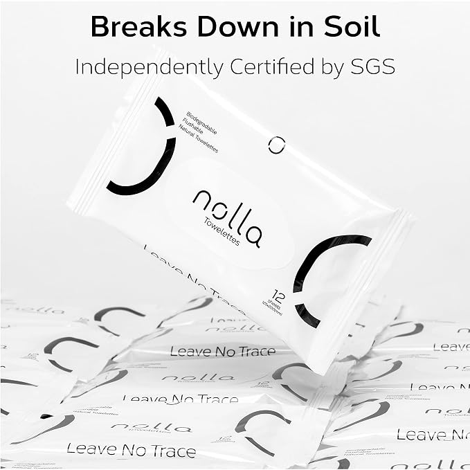 Nolla Flushable Wipes Travel Packs, 100% Plant-Based, Plastic-Free and Biodegradable - Unscented + Soothing Aloe and Vitamin E 120 Count (10 Packs of 12)