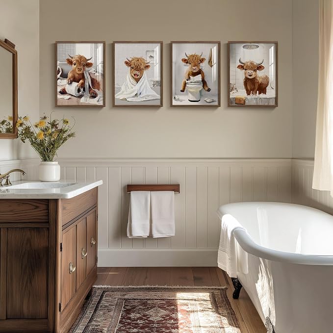 Framed Funny Highland Cow Wall Art for Bathroom, 4 Piece Rustic Fun Farmhouse Animal Painting Prints Artwork for Walls, Cute Mini Cow Pictures for Restroom Washroom Toilet Bathroom Wall Decor, 12x16