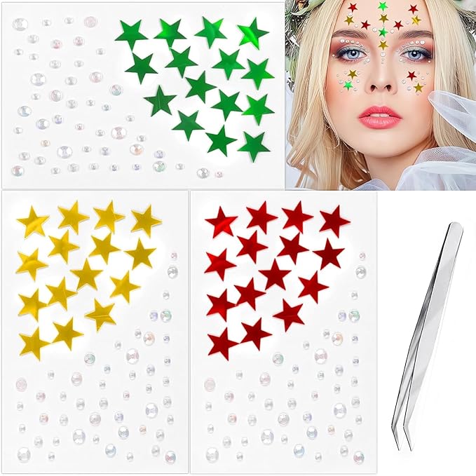 Christmas Star Face Stickers Gems for Makeup, 3 Sheets Red Gold and Green Face Glitter Rhinestone jewels, Self Adhesive Face Eye Nail Body Gems Stick on for Xmas Rave Festival Accessories
