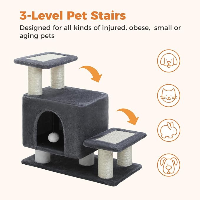 3-in-1 Cat Stairs with Scratching Post & Condo, Pet Steps, Dark Grey | Pet Steps for High Beds, Sofa, Couch, Tall Cat Tower, High-Strength Boards for Indoor Small Cats Kittens Dogs Climbing Play
