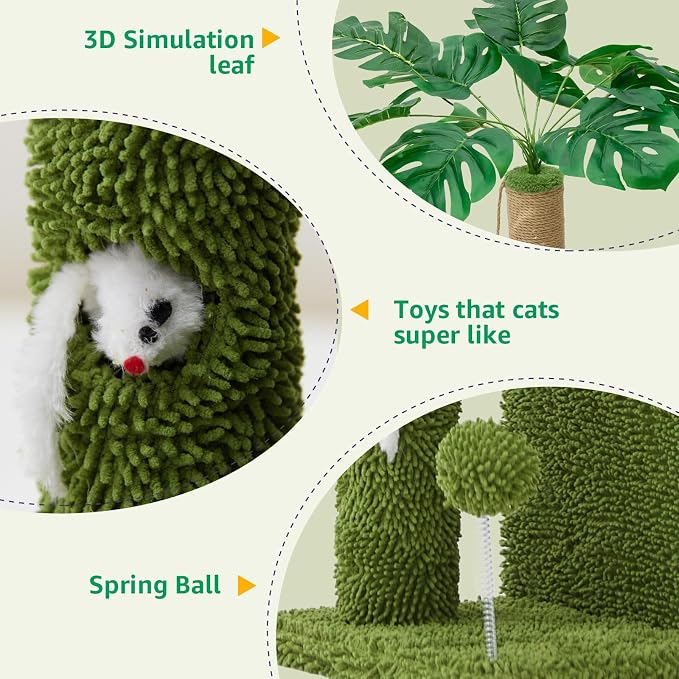 37" Small Cat Tree with Scratching Posts，Green Cat Scratcher Tower | Sisal Cat Scratcher,Cozy Hammock,Cat Condo,Interactive Cat Toys for Kittens